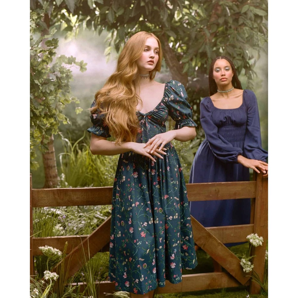 Hill House Ophelia Midnight Garden Floral Midi Dress Mushroom Fairy Milkmaid XL